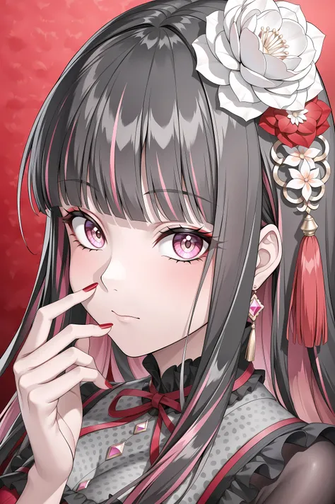 woman, solo, red nails, looking at viewer, bangs, pink eyes, long hair, black hair, hair ornament, hand up, flower, blunt bangs, closed mouth, tassel, ribbon, portrait, colorful, red background, frills, multicolored hair, upper body,