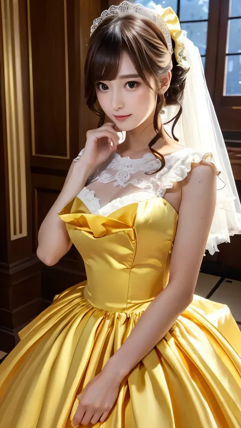 (((Top Quality))), (((Masterpiece))), (((Details))), tall, looking at camera, face-to-face, yellow shiny silk satin ruffle girly empire length wedding dress, hands thrust forward, Japanese, brown hair, long hair, gorgeous room,. Gorgeous ribbon hair access...