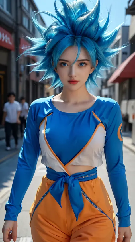 a woman in a blue and orange outfit walking down a street, saiyan girl, anime cosplay, female goku, anime girl cosplay, character dragonball, human goku, anime inspired, anime-style, anime girl in real life, anime character; full body art, bulma from drago...