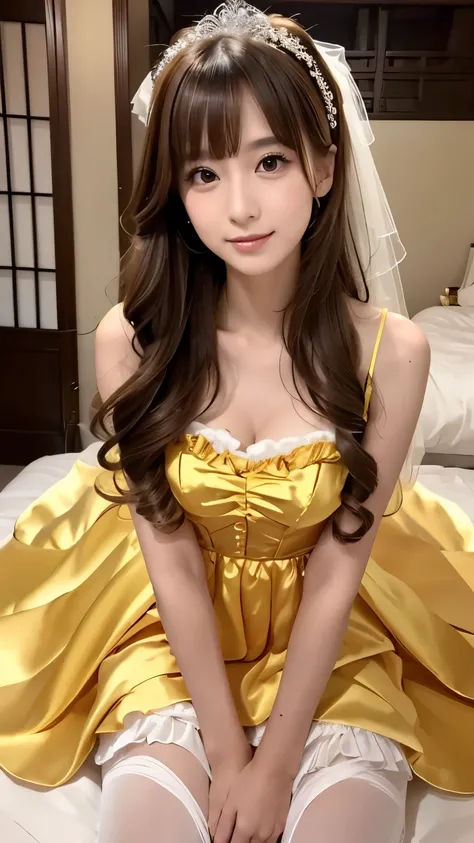 (((Top Quality))), (((Masterpiece))), (((Details))), tall, looking at camera, face-to-face, yellow shiny silk satin ruffle girly empire length wedding dress, hands thrust forward, Japanese, brown hair, long hair, gorgeous room,. Gorgeous ribbon hair access...