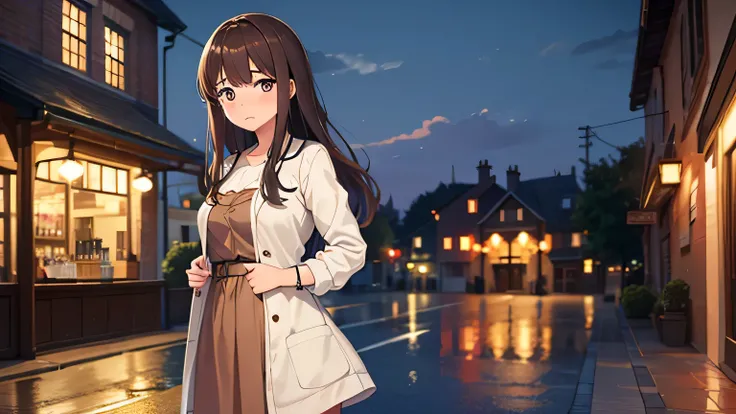 One girl, cute, long dark brown hair, tall, medium breasts, dressed demurely, embarrassed face (0.5), standing in front of a pub at night