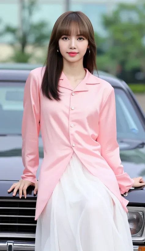an office lady, sitting leaning on top of the car, Facing front, use long oversize sleeping shirt up the ass of pink satin material unbuttoned, underwearless, using a long skirt of a pleated model of white color, red lips
