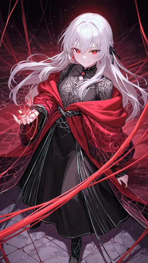 A dark and alluring spider girl with flowing silver-white hair, deep crimson eyes, and a confident smirk. Her upper body is human, covered in an elegant black and red silk robe with intricate patterns, while her lower body is a sleek, chitinous spider abdo...