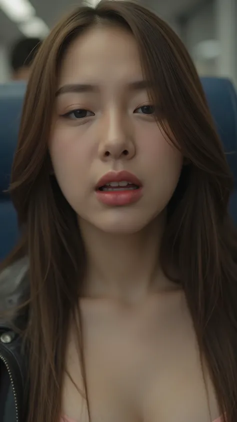 beautiful brown-haired woman , Commuter trains in Japan,Crowded car interior, Emmanuel wearing a jacket , (( headback break screaming orgasm )) , sharp focus with eyes closed , ( 8k Ultra HD :0.8), super detailed , RAW amateur photo ...