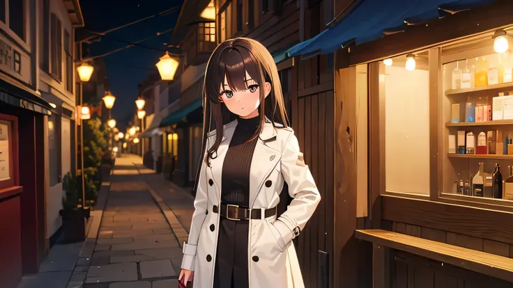 One girl, young girl of color, long dark brown hair, tall, medium breasts, cream trench coat, embarrassed face (0.3), standing in front of a tavern at night