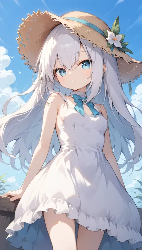 long hair, White hair,  blue eyes small breasts 　 petite body　 1 girl, Alone,  eyebrows visible from inside hair ,  hair between eyes,  watches viewers, masterpiece,  top quality, very aesthetic, simple dress　smile　 Compa　blue sky　Outdoors　 straw hat