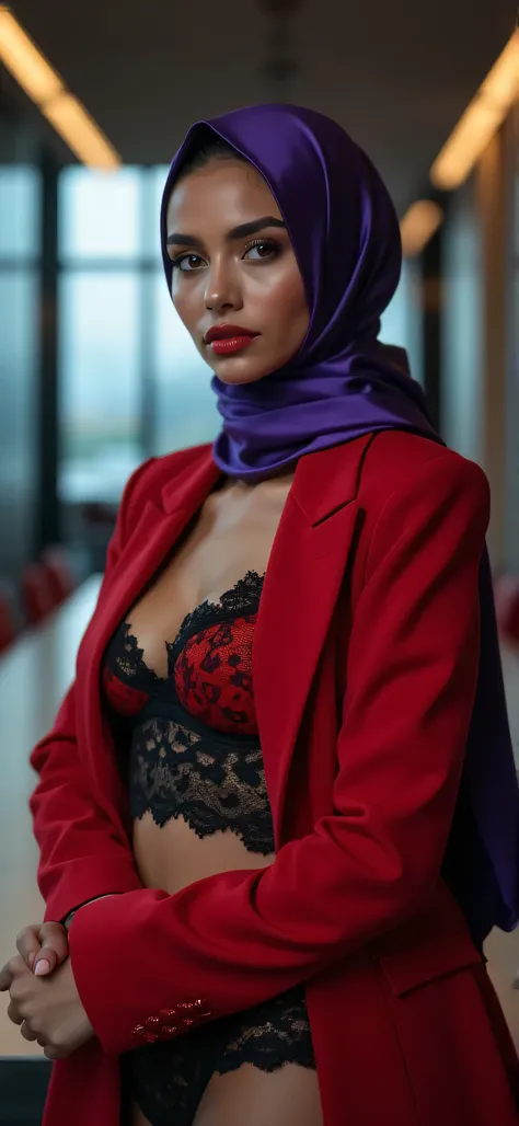 purple satin hijab, beatiful face, European woman, sexy, red sexy bra, black sexy lingerie, model pose, red heels, bright, in the meeting room, full hd, 8k