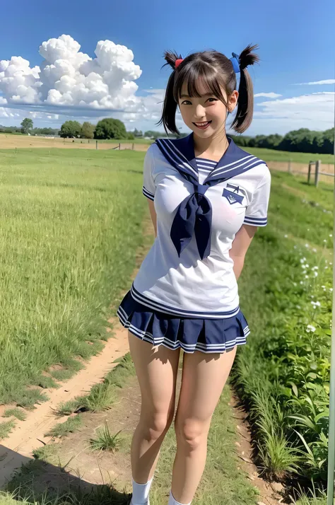 girls standing in rural field,cumulonimbus cloud in summer blue sky,white sailor shirt with red bow tie,white panties with navy blue frills,18-year-old,bangs,a little smile,thighs,knees,short hair with low pigtails bunches,from before,front light