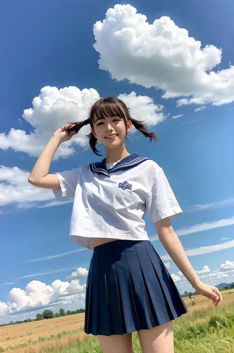 girl standing in rural field,cumulonimbus cloud in summer blue sky,white sailor shirt,navy blue pleated skirt fluttering up in wind,white panties,18-year-old,bangs,a little smile,thighs,knees,short hair with low pigtails bunches blowing in wind,from below,...