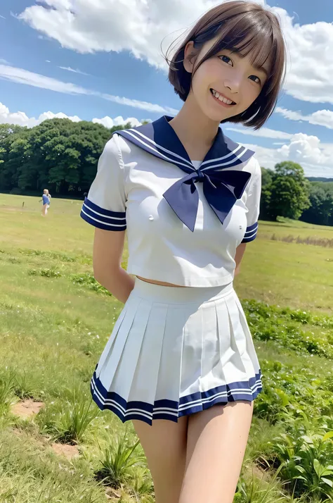 girl standing in rural field,cumulonimbus cloud in summer blue sky,white sailor shirt,navy blue pleated skirt fluttering up in wind,white panties,18-year-old,bangs,a little smile,thighs,knees,short hair , bunches blowing in wind,from below,front light, pan...