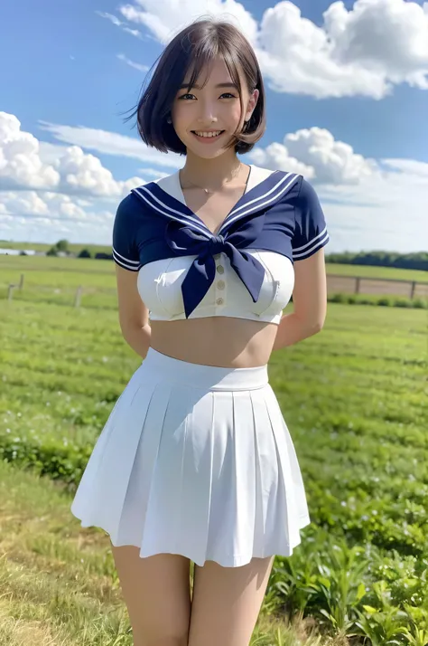 girl  in rural field,cumulonimbus cloud in summer blue sky, sailor shirt,pleated skirt fluttering up in wind,white panties,18-year-old,bangs, plump,  smile,thighs,knees,short hair , large breast, no bra, bunches blowing in wind,front light, 