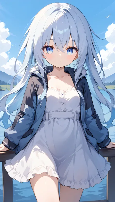 hibikikc , long hair, White hair,  blue eyes small breasts 　 petite body　 1 girl, Alone,  eyebrows visible from inside hair ,  hair between eyes,  watches viewers, masterpiece,  top quality, very aesthetic,　light blue inner hair,　multicolored hair　simple d...