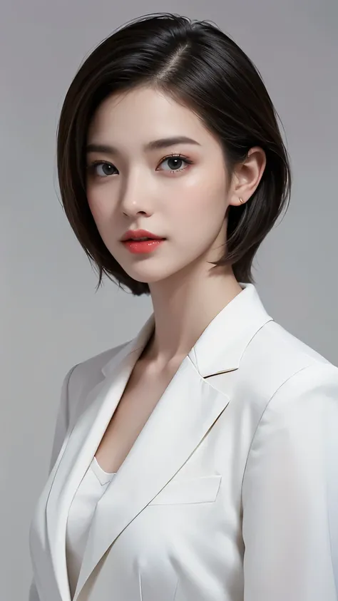 ((Half-length portrait)), 1 Girl, alone， masterpiece， Best Quality ， high resolution， 8,000，(portrait)，Real pictures，Photographic Grade，（Strong Women in the Workplace ）（Capable，Capable）,20-year-old girl，Short Hairstyles， red lips，Keep your mouth pretty and...