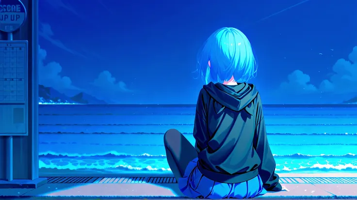  Masterpiece,  top quality,  1girl 、seaside bus stop 、 sitting、The girl with blue hair 、 bob hair、 black hoodie、 BLUE SKIRT 、 black tights、The sea behind、Back view、Clear skies