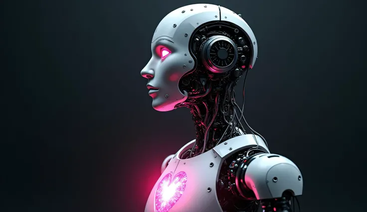 A profile view of a humanoid robot with wires and cables and love bursting out of their chest. Eyes glowing pink. Dark background 