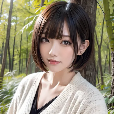 Close-up of a woman with short hair 、hime cut、Chiho、Ayaka、Beautiful face of a cute girl、 Nara Yoshitomo 、 close-up of a dark-haired woman with a pretty hairstyle and bangs、Short hair with bangs、Long silver hair with bangs、Shirahime Cut、Hairstyle、smile、Whit...