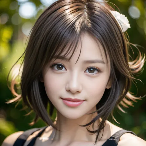 (8k, Realistic, RAW Photos, Highest quality: 1.3), (One Girl), Very beautiful, (Realistic Face), japanese girl, (short hair), beautiful , A brilliance that captivates the viewer, beautiful expression, beautiful breasts, (Realistic Skin), smile, white teeth...