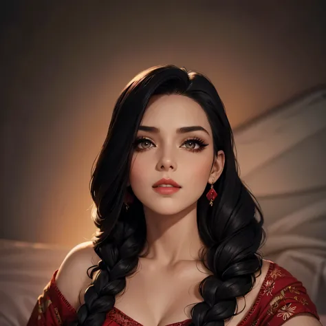 Amazing portrait of a woman who is 30 years old and an adult and a sexy woman in a bedroom with a beautiful detailed face emphasised by some amazing makeup wearing a red maxi dress with green floral patterns and a square neckline that emphasizes her medium...