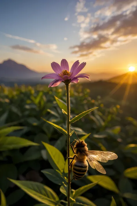 Create an ultra-detailed macro close-up of a bee on the left side, positioned in the middle of the image. The bee's fuzzy body, delicate wings, and intricate features are highly detailed as it appears to "smell" a vibrant pink-petaled flower. The backgroun...