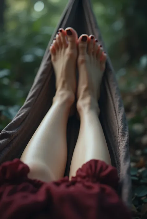 woman's beautiful slender pale feet,maroon nailpolish,placed in a hammock in a cool evening