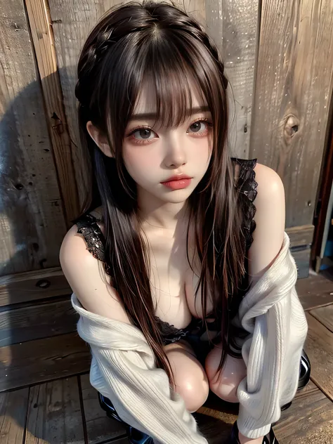 from below,fullbody,(((squatting spread open legs:1.3))),(16years old),(black thin shiny 2braids),diagonal bangs,(bra, side tie panties,),(cute russian lady),(girlish,full of femininity),(slim body,small breasts),(big eyes,tareme:1.3),double eyelids,makeup...