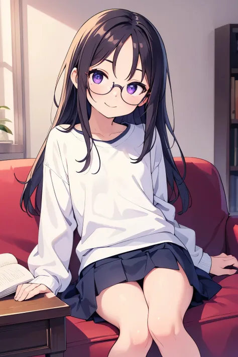 カラオケボックス 背景暗い モニター sofa テーブルにマイク２Books　 elementary school  toddler flat chest black hair straight long hair bangs 7：3 splits （（ forehead is sticking out in front of the piano））  purple eyes round glasses 　smile　（（One person）） white blouse　Light blue minisk...