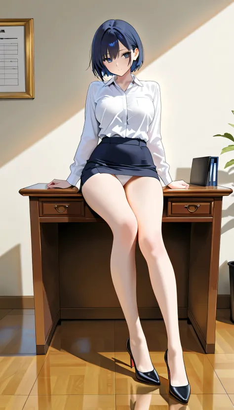 Office Girl， white shirt，dark blue miniskirt ，Beautiful Legs，Long Legs， heels， dark blue shoulder length short hair，Sit at your desk，Cross your legs， White Panties ，Hold your hands on the table ，Look at the lens，Beauty， perfect figure， golden ratio 