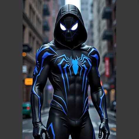 Create a black hooded spider-man costume with lots of blue details and white eyes and more blue details 