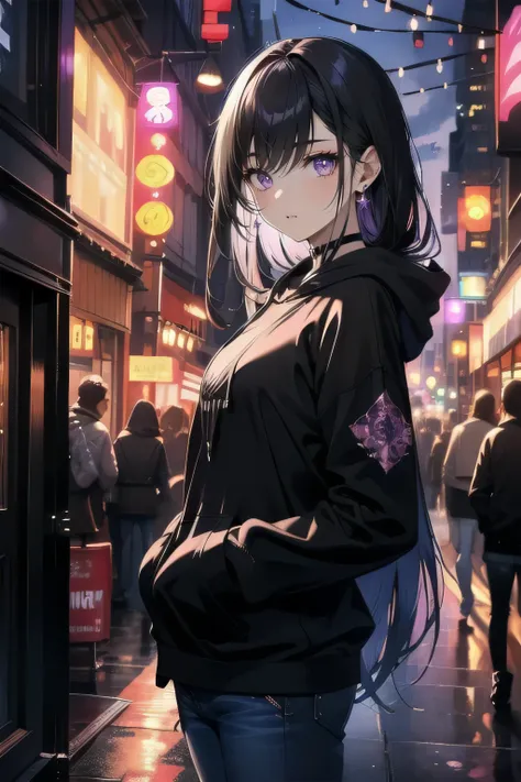 (masterpiece), (best quality), ultra detailed, finely detailed color, cenematic painting, bishoujo, model, ((one lady)), 20 years old, cute face, black hair, absurdly long hair, straight hair, violet eyes, purple eyes, walking, chocker, ((black hoodie:1.2)...