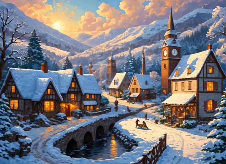 painting of a snowy village scene with a clock tower, by Elaine Hamilton, by senior artist, cottage town, snowy winter scene, a jigsaw puzzle, by Grzegorz Rutkowski, by Itshak Holtz, inspired by Myles Birket Foster, winter scene fantasy, by Gabor Szikszai,...