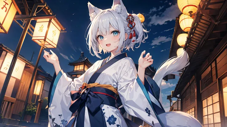   gray hair 、  illuminated in the dark 、 I had hair on one eye、summer、sea、Japanese-style town、 low angle、Cumulonimbus、 slender、open mouth、double teeth、  claw pose、smile、   Cool Personality、   boyish、July、  Japanese style clothing、 fox ears、 foxtail 、  high...