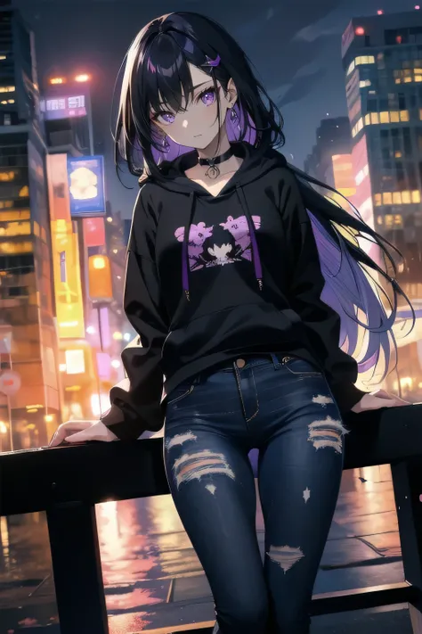 (masterpiece), (best quality), ultra detailed, finely detailed color, cenematic painting, bishoujo, model, ((one lady)), 20 years old, cute face, black hair, absurdly long hair, straight hair, violet eyes, purple eyes, walking, chocker, ((black hoodie:1.2)...