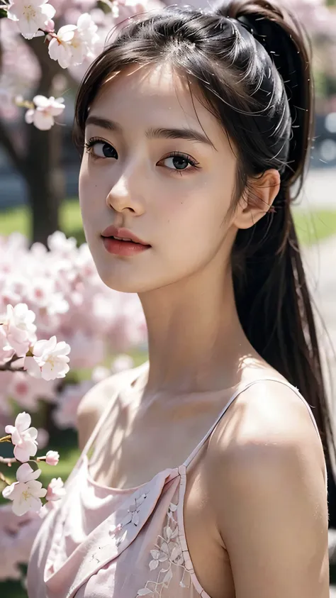 wearing a spring dress in soft pastel colors, such as pink or white, standing under a row of cherry blossom trees in full bloom,Close up face,masutepiece,The highest image quality, High quality, the background is clear,Beautiful woman, Japanese, Detailed, ...