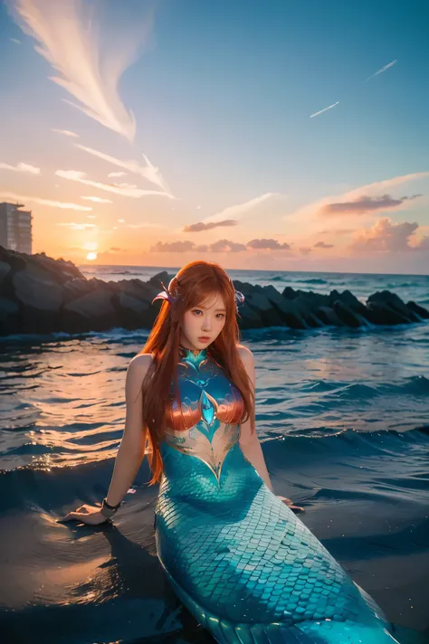 ((masterpiece, best quality, extremely detailed), volumetric lighting, ambient occlusion, colorful, glowing), 1girl, solo, young girl, (red hair), long hair, goddess, cyber suit, (mermaid design:1.3), outdoors, sunset, sky, clouds, beach, sea, , (cyberpunk...