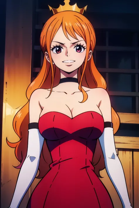 orange hair, long hair , crown, red dress, long dress, strapless dress, long white elbow gloves, smile, light red lipstick, dark purple eye shadow, makeup, black choker, cowboy shot