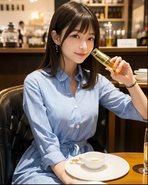 A round-faced Japanese woman wearing a shirt dress and bangs trying to drink with a glass of champagne at a fashionable cafe