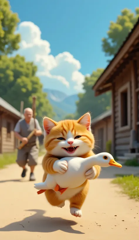  A chubby orange-and-white cat with a mischievous expression running while holding a white duck in its arms. The scene is set in a sunny rural village with wooden houses, a blue sky, and green trees in the background. An elderly man with a traditional outf...