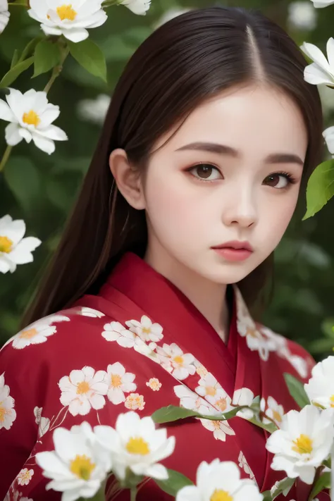 The background is a world of white flowers、Best Quality, masutepiece, High resolution, (((1girl in))), sixteen years old,Red Eyes、Dark red kimono、((Dark red floral kimono)), Tindall Effect, Realistic, Shadow Studio, Red lighting, dual-tone lighting, (High ...