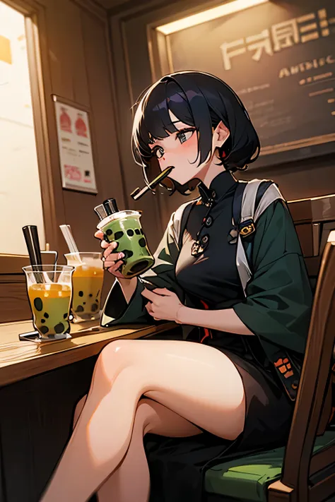 women, drinking, boba tea, knee up view