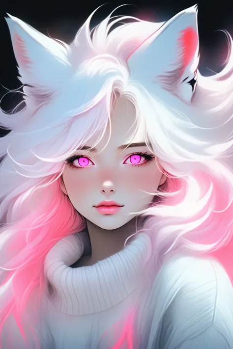 pink eyes, fox Girl,fox eras,fluffy fox tail,illustrator, anime , white clothers, realistic ,sketch , 1 girl, ,lip, sweater,order, black gradient background, neon hair,Textured trim, Canadian, ((work of art, best qualityer)), (negative space: 1.2), (1 girl...