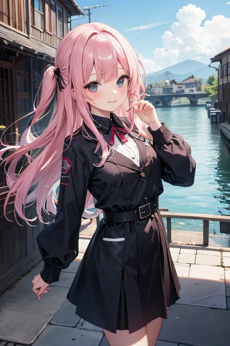 long pink hair,smile,dock
