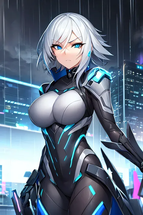 A highly detailed portrait of a young female bounty hunter with short, messy silver-gray hair and piercing blue eyes that glow faintly in the dark. She wears a sleek black and dark blue combat suit made of nanofiber material, designed for mobility and dura...