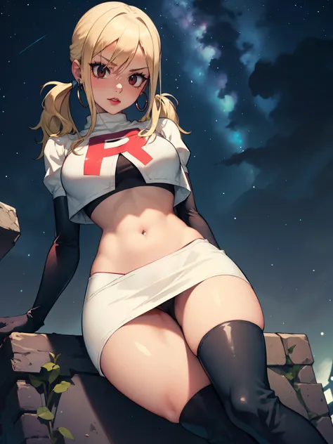 lucy heartfilia, blonde hair, twintails,earrings ,lipstick, eye shadow ,team rocket uniform, red letter R, white skirt,white crop top,black thigh-high boots, black elbow gloves, evil villianess look, looking down on viewer, sitting ,crossed legged, night s...