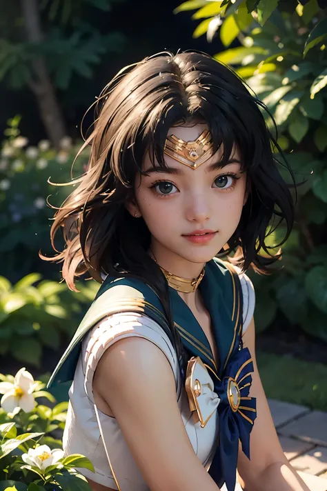 (Extreme Detail CG Unity 8K wallpaper, masterpiece, highest quality), (exquisite lighting and shadow, highly dramatic picture, cinematic lens effect), (Sailor Moon: 1.4), delicate facial features, charming smile, star eyes, ((dark green hair)), tight top, ...