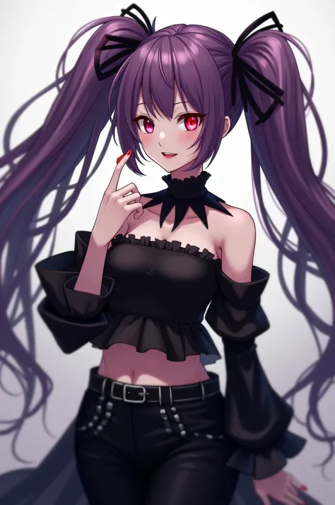 Anime girl with red glowing eye having purple hairs (long twins tail) smiling (evil smile) in black off shoulder and stomach dress, shirt black pant