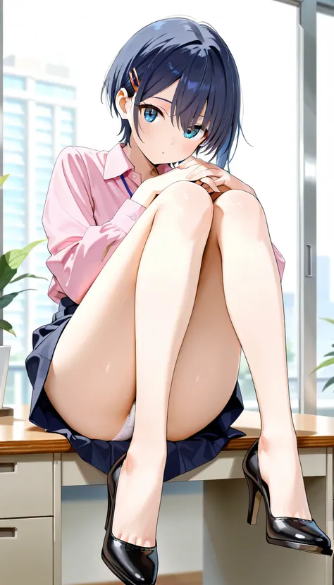 Office Girl，pink shirt，dark blue miniskirt ，Beautiful Legs，Long Legs， heels， dark blue shoulder length short hair，Sit at your desk，Cross your legs， White Panties ，Hold your hands on the table ，Look at the lens，Beauty， perfect figure， golden ratio 