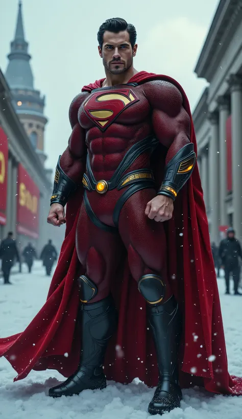 A hyper-realistic image of Superman reimagined as a Russian hero. His muscular physique is clad in a deep red bodysuit with a high-tech, armored texture. Instead of the iconic "S" emblem, a golden hammer and sickle symbol is emblazoned on his chest, radiat...