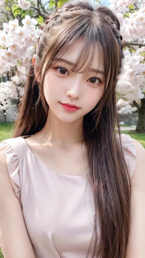 Hair style: ponytail,wearing a spring dress in soft pastel colors, such as pink or white, standing under a row of cherry blossom trees in full bloom,Close up face,Body in front,Ultra-detailed, finely detail, hight resolution, 8K Wallpaper, Perfect dynamic ...