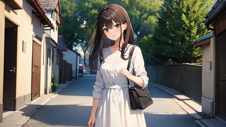 (((Top Quality))), (((Masterpiece))), (((Details))), One girl, cute, long dark brown hair, medium breasts, neatly dressed, shy face (0.5), standing in the street