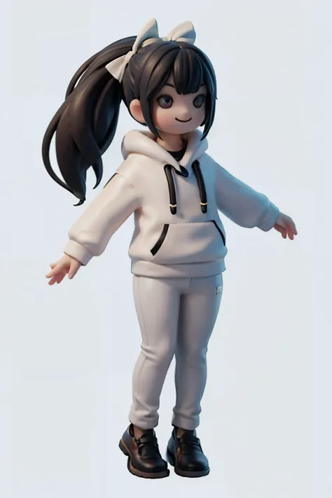 1girl smiling, ((black)) hair, ponytail, white hairbow, white sweater hoodie, gray pants, stand up, front view, full body, no background